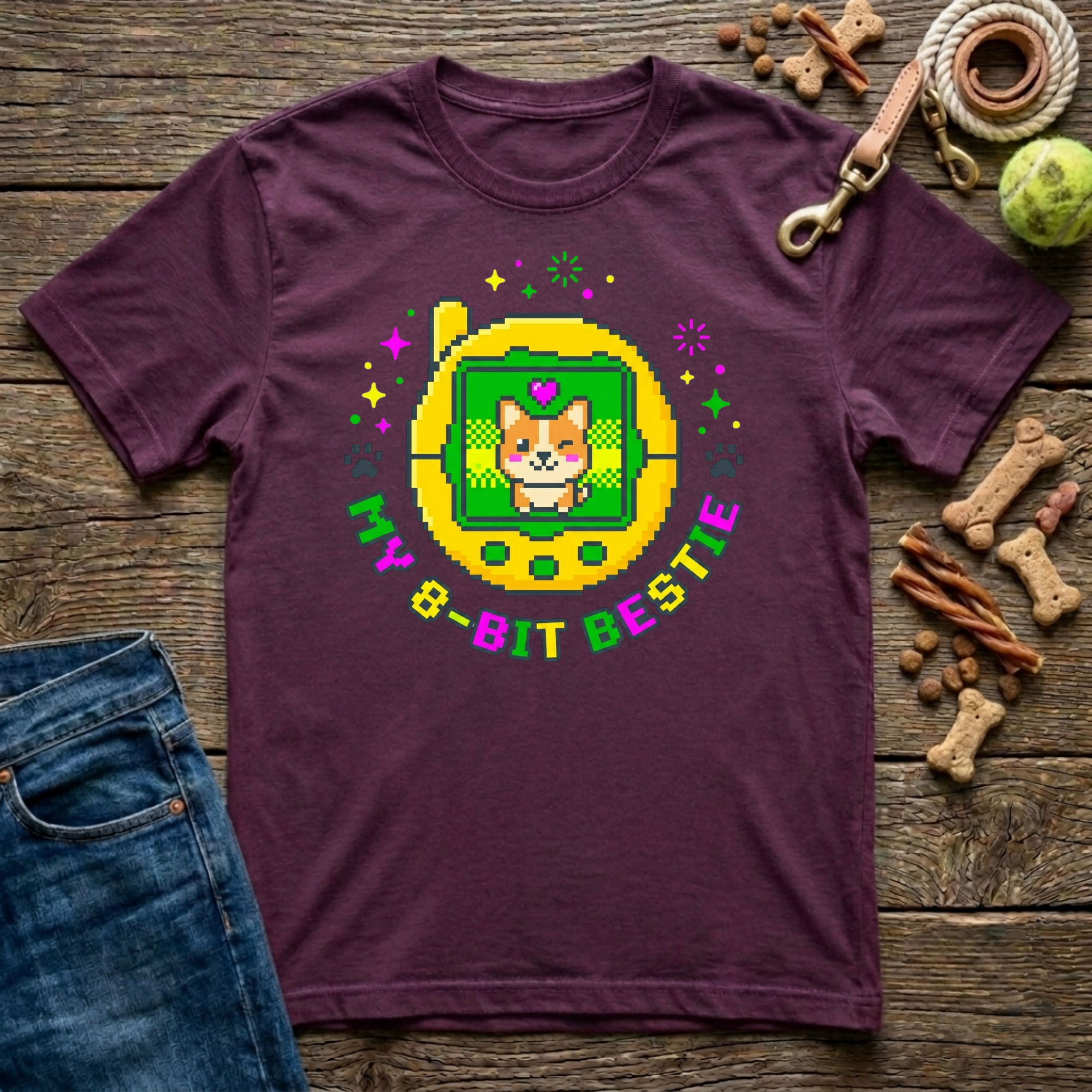 My 8-Bit Bestie retro corgi dog t-shirt in maroon — Paws & Reflect Shop 