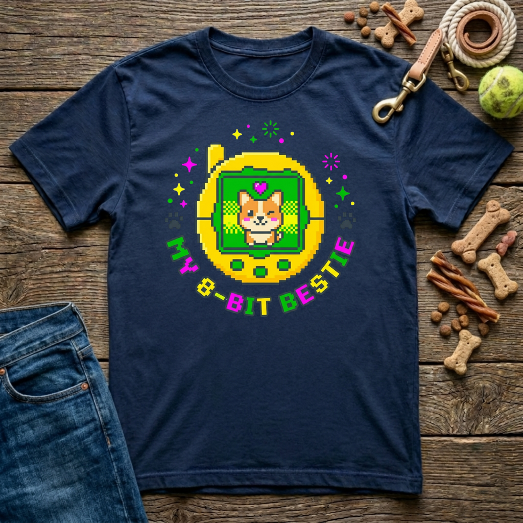 My 8-Bit Bestie retro corgi dog t-shirt in navy — Paws & Reflect Shop 