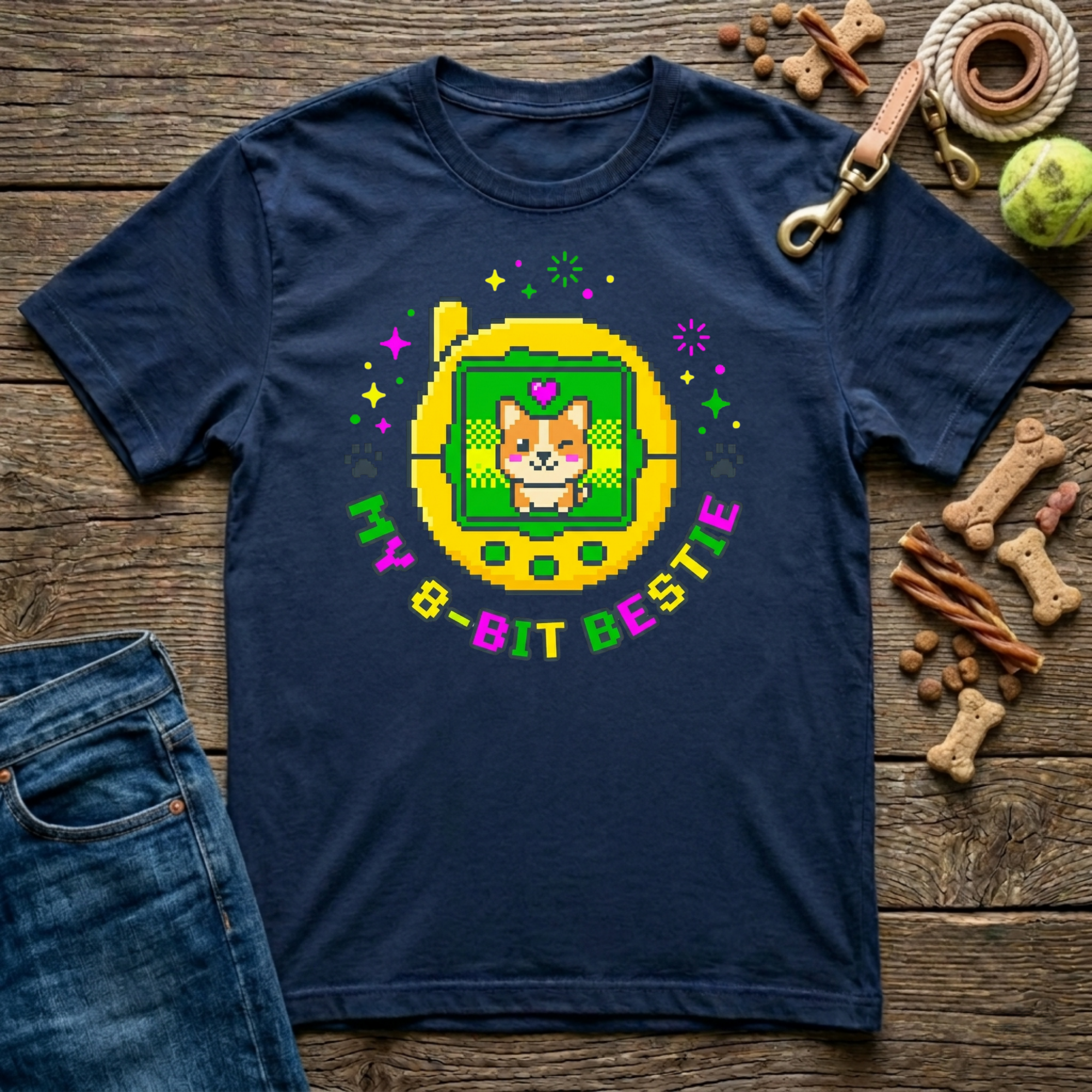 My 8-Bit Bestie retro corgi dog t-shirt in navy — Paws & Reflect Shop 