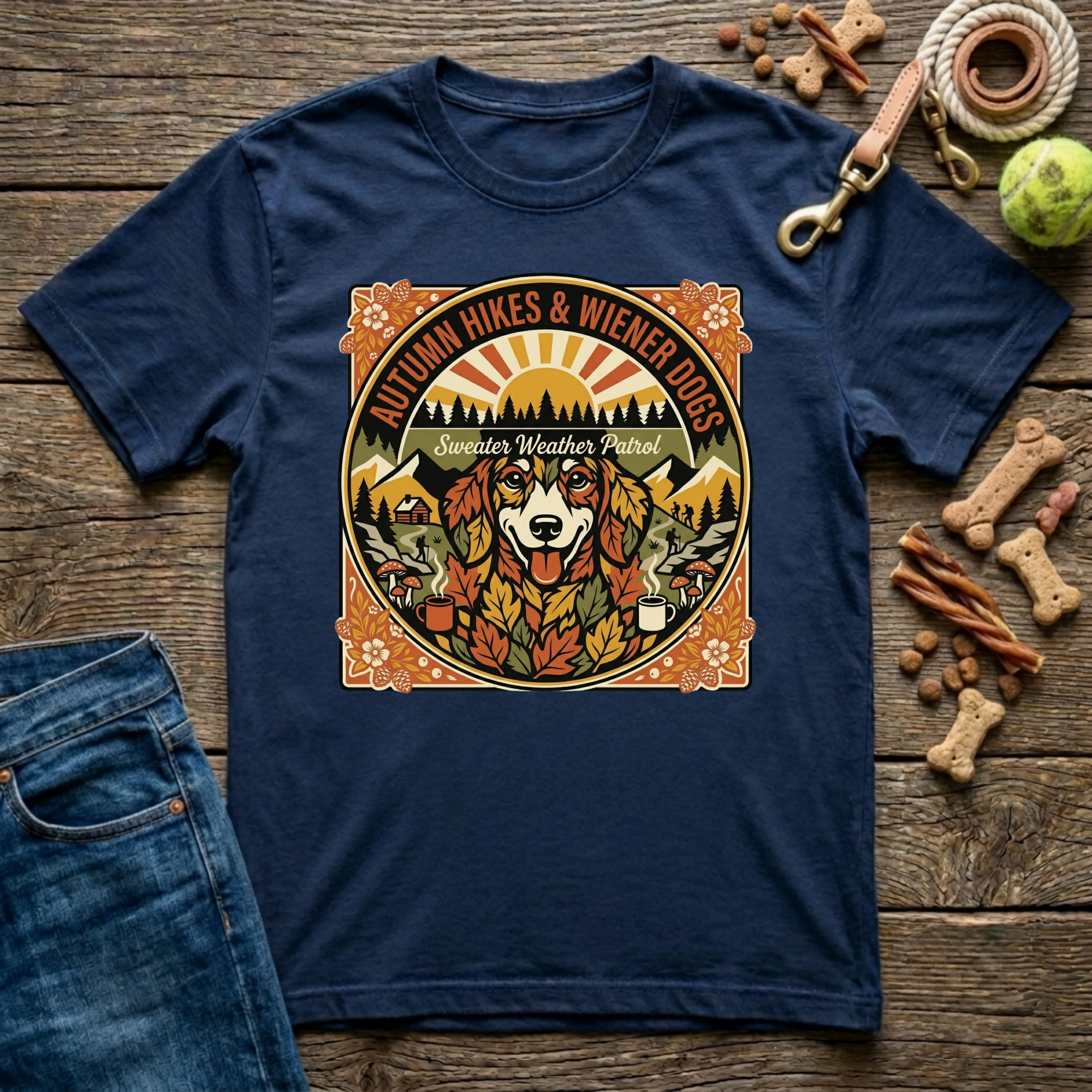 Autumn Hikes and Wiener Dogs in Navy dachshund fall t-shirt - Paws & Reflect Shop