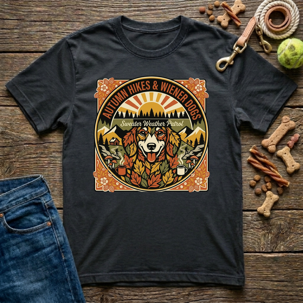 Autumn Hikes and Wiener Dogs in Black dachshund fall t-shirt - Paws & Reflect Shop