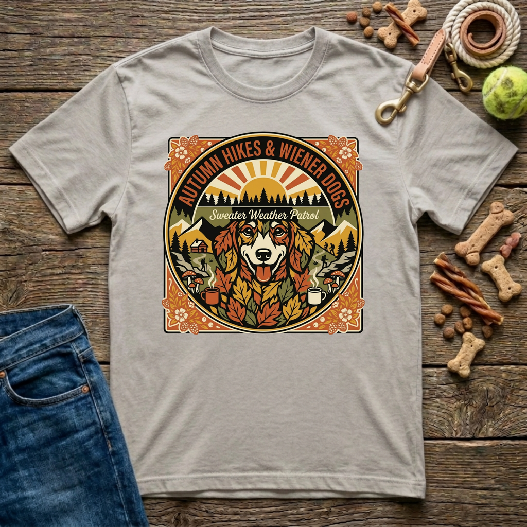 Autumn Hikes and Wiener Dogs in Ice Grey dachshund fall t-shirt - Paws & Reflect Shop