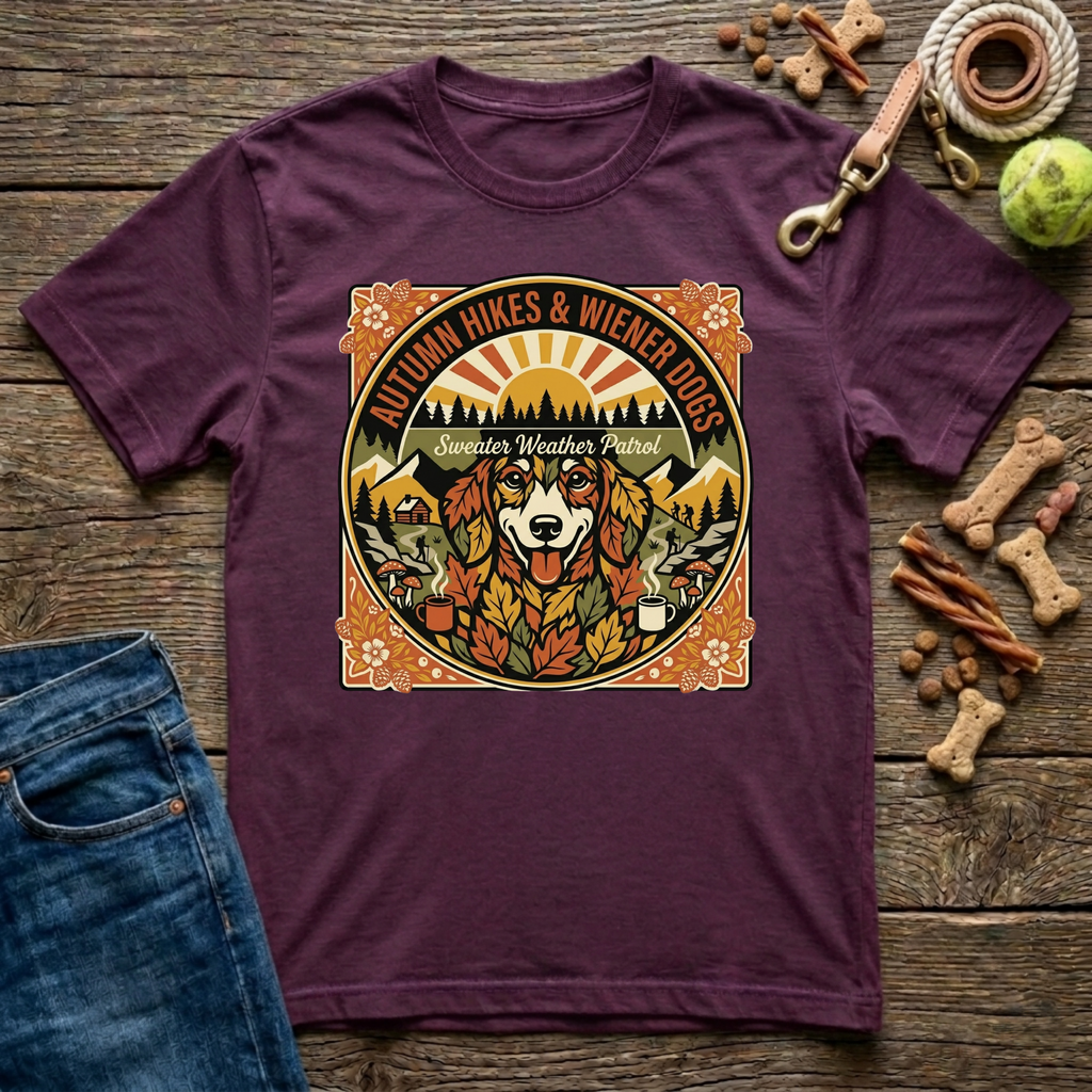 Autumn Hikes and Wiener Dogs in Maroon dachshund fall t-shirt - Paws & Reflect Shop