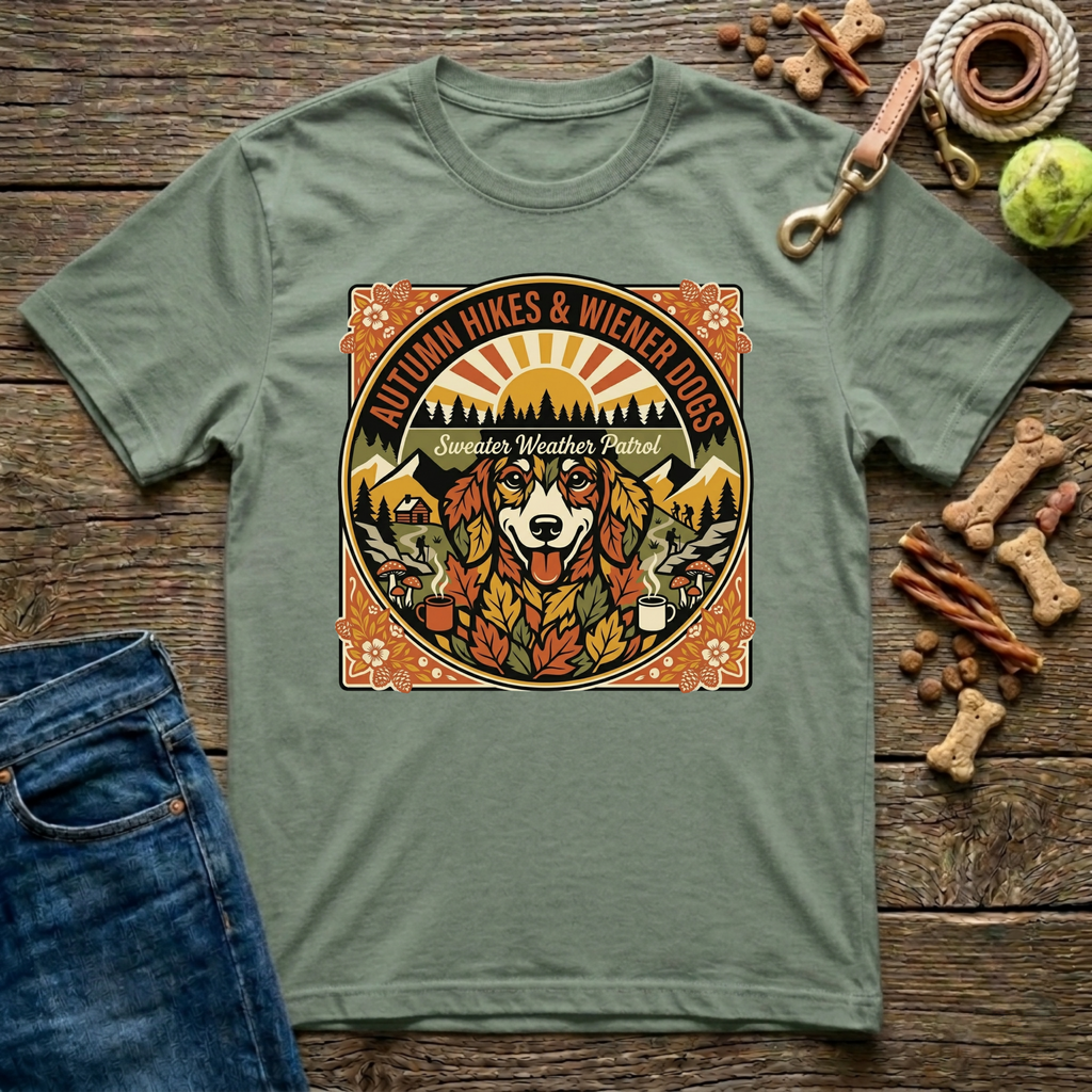 Autumn Hikes and Wiener Dogs in Military Green dachshund fall t-shirt - Paws & Reflect Shop