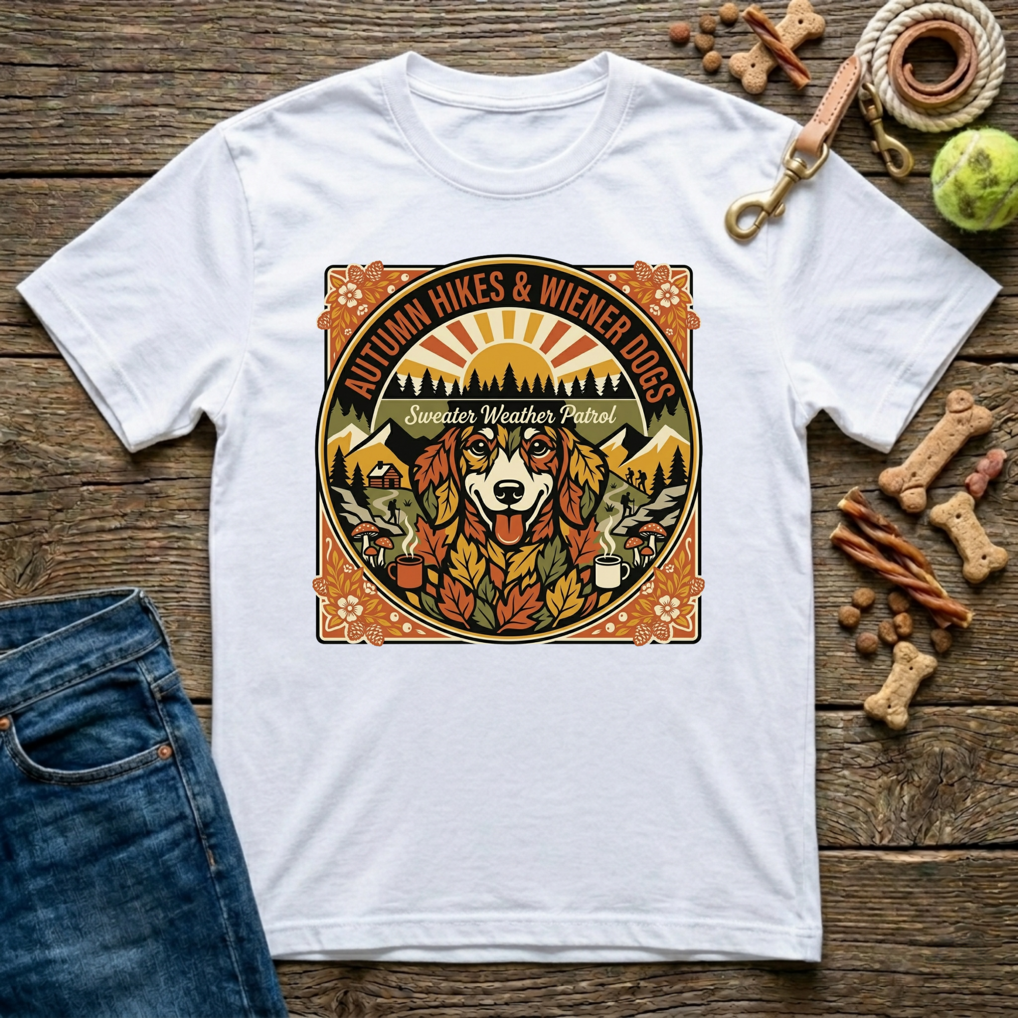 Autumn Hikes and Wiener Dogs in White dachshund fall t-shirt - Paws & Reflect Shop