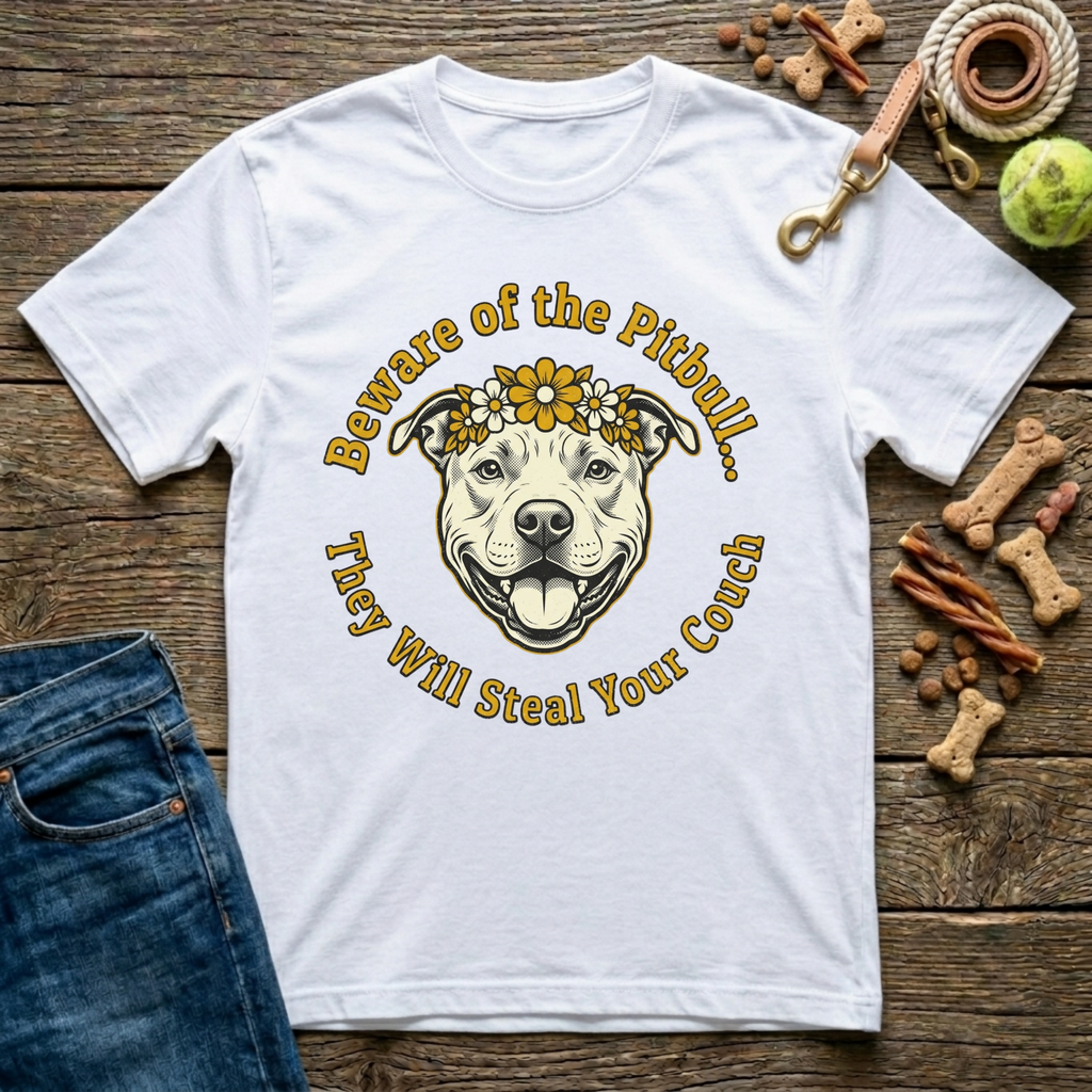 Beware of the Pitbull in White funny pitbull lover tee - Paws & Reflect Shop