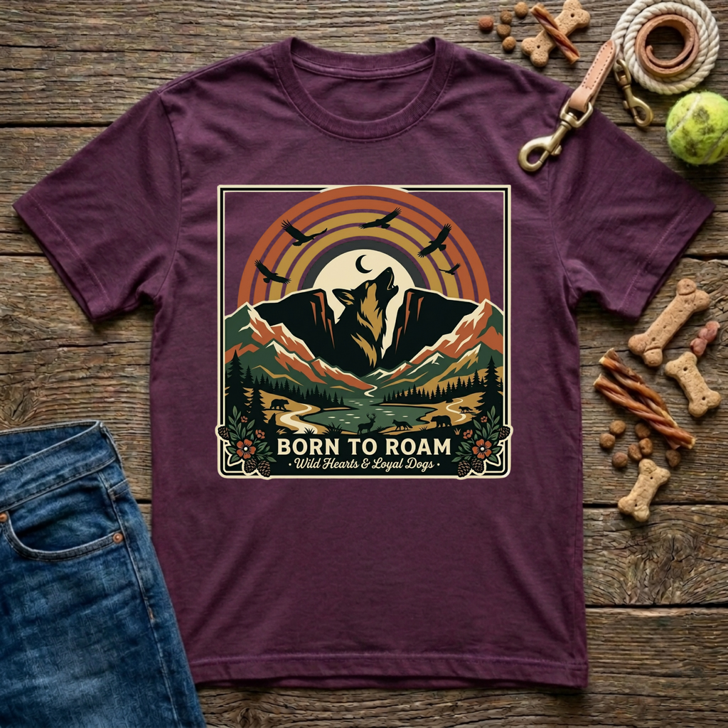 Born to Roam in Maroon adventure dog mom t-shirt - Paws & Reflect Shop