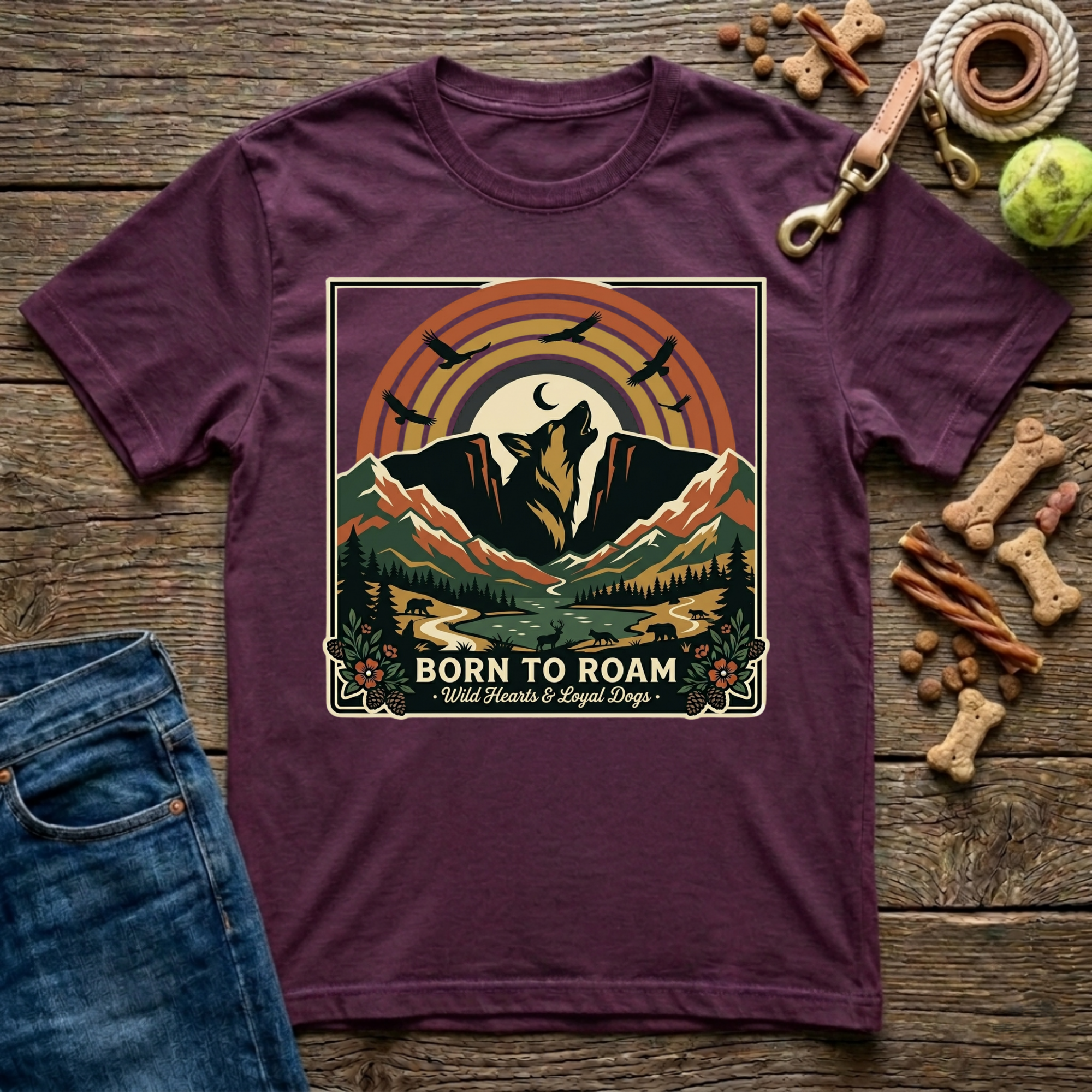 Born to Roam in Maroon adventure dog mom t-shirt - Paws & Reflect Shop