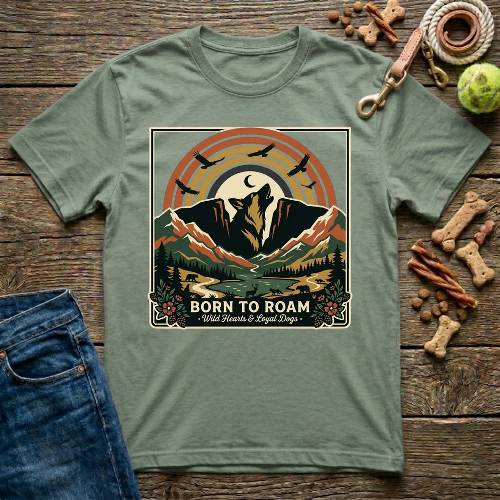 Born to Roam in Military Green adventure dog mom t-shirt - Paws & Reflect Shop