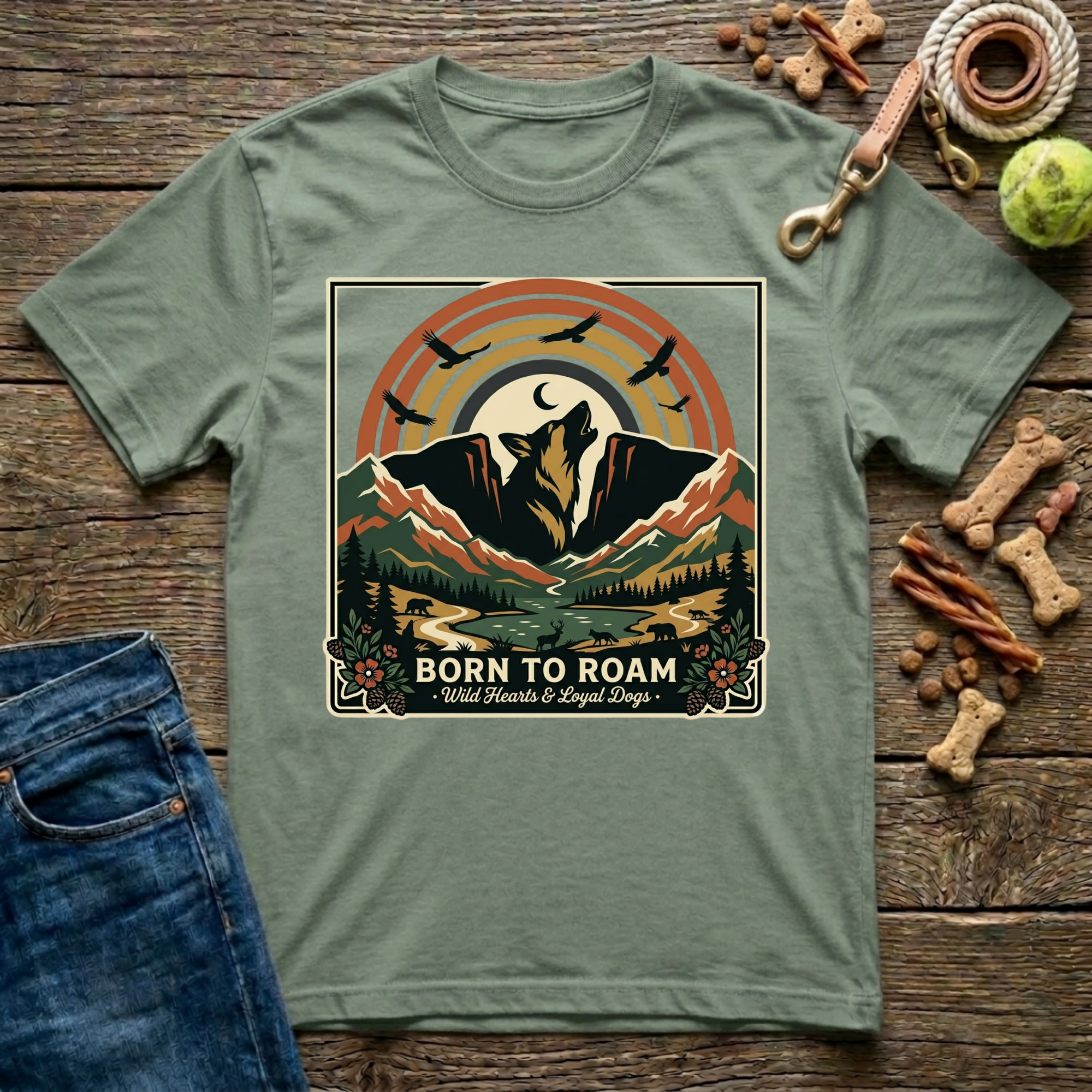 Born to Roam in Military Green adventure dog mom t-shirt - Paws & Reflect Shop