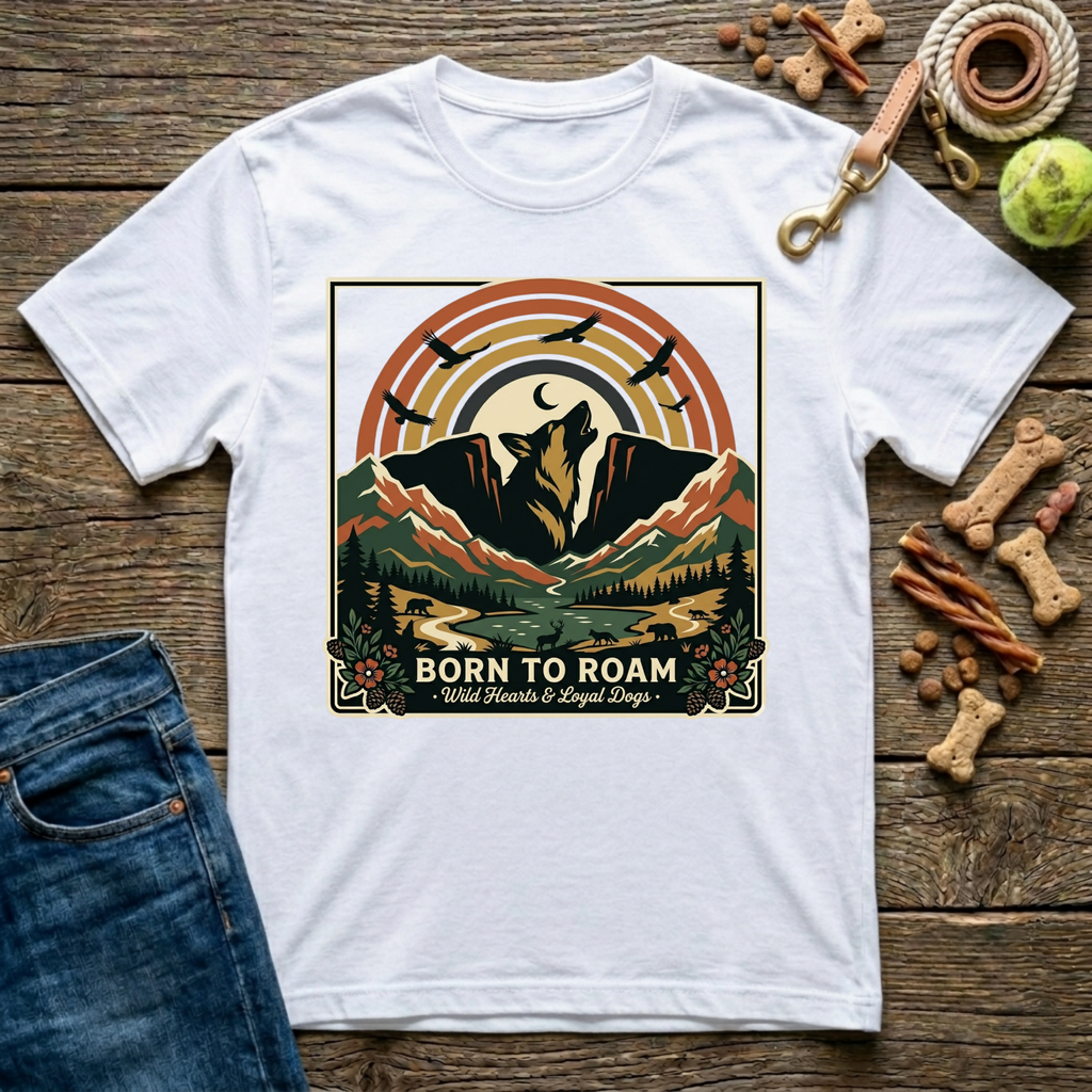 Born to Roam in White adventure dog mom t-shirt - Paws & Reflect Shop
