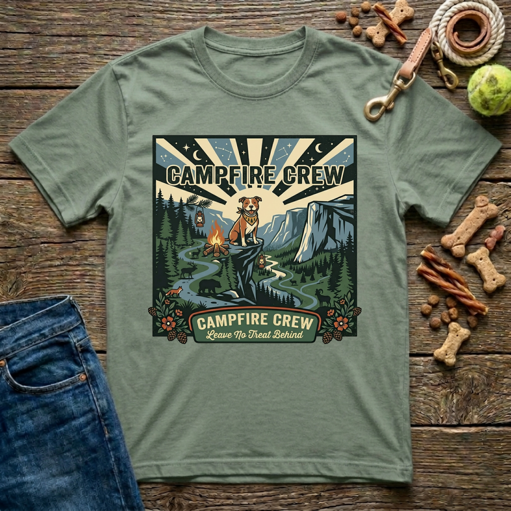 Campfire Crew in Military Green outdoor dog lover t-shirt - Paws & Reflect Shop