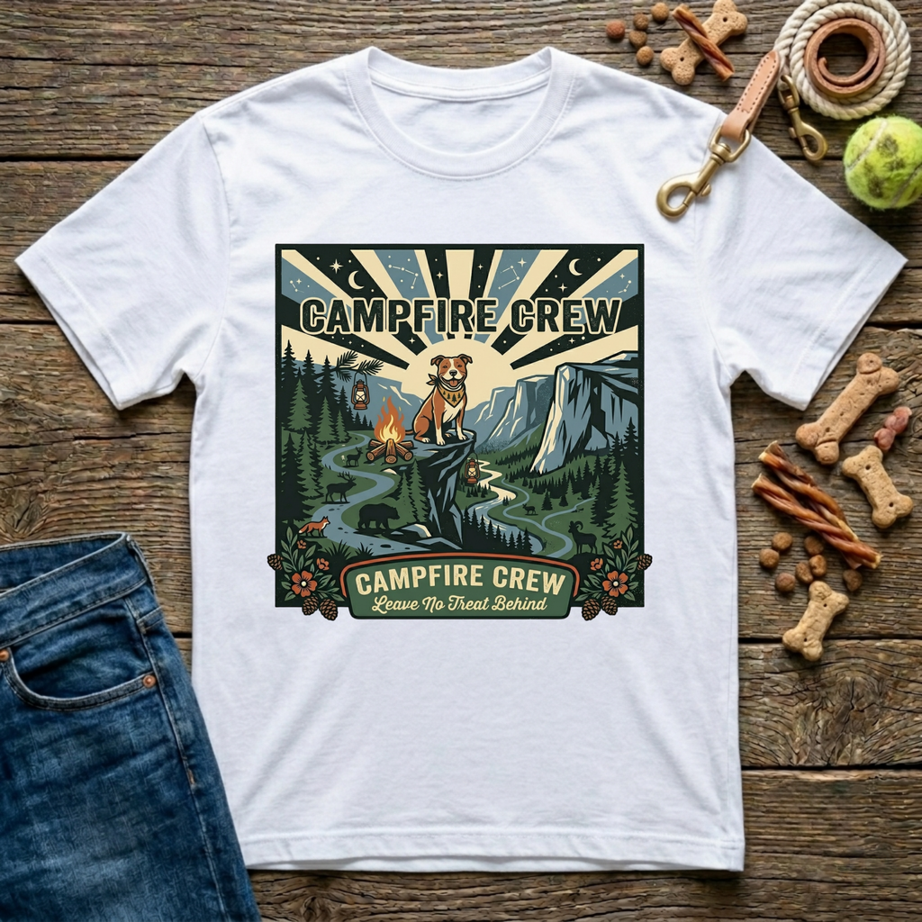 Campfire Crew in White outdoor dog lover t-shirt - Paws & Reflect Shop