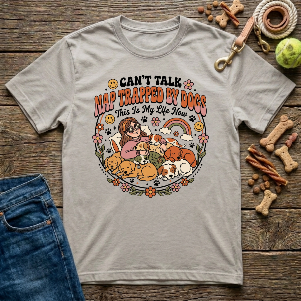 Can't Talk Nap Trapped By Dogs in Ice Grey funny dog mom tee - Paws & Reflect Shop