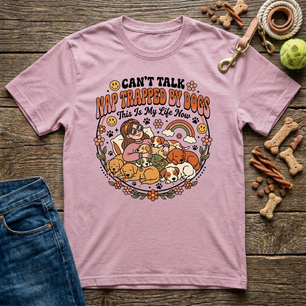 Can't Talk Nap Trapped By Dogs in Light Pink funny dog mom tee - Paws & Reflect Shop