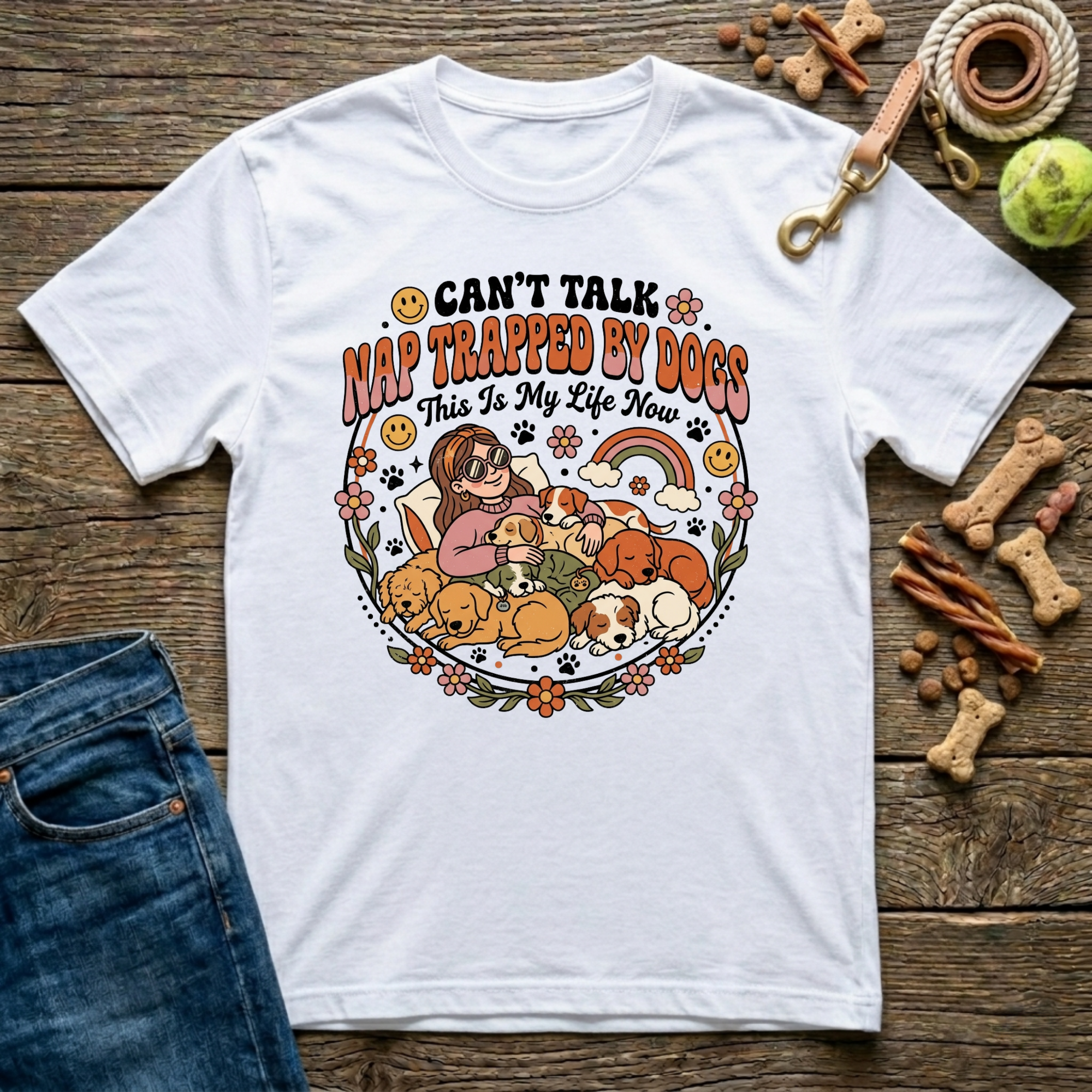 Can't Talk Nap Trapped By Dogs in White funny dog mom tee - Paws & Reflect Shop