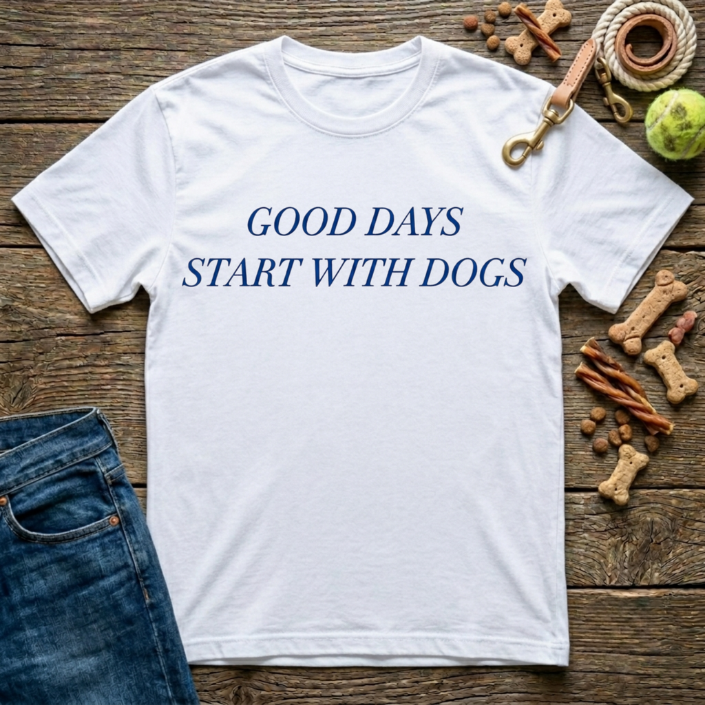 Good Days Start With Dogs graphic tee in white — Paws & Reflect