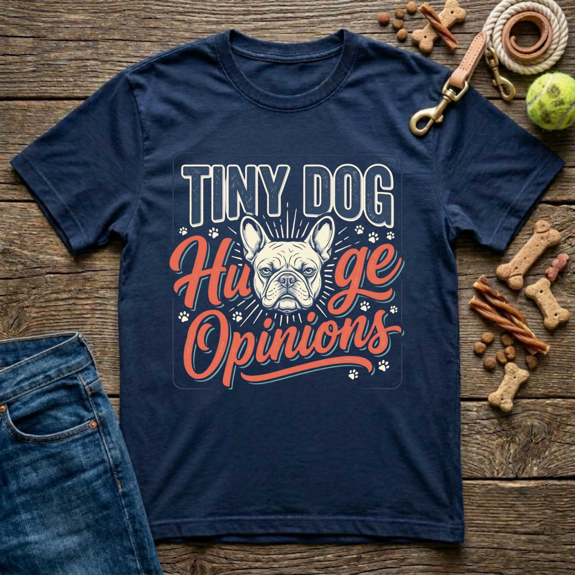 Tiny Dog Huge Opinions Frenchie graphic tee in navy — Paws & Reflect