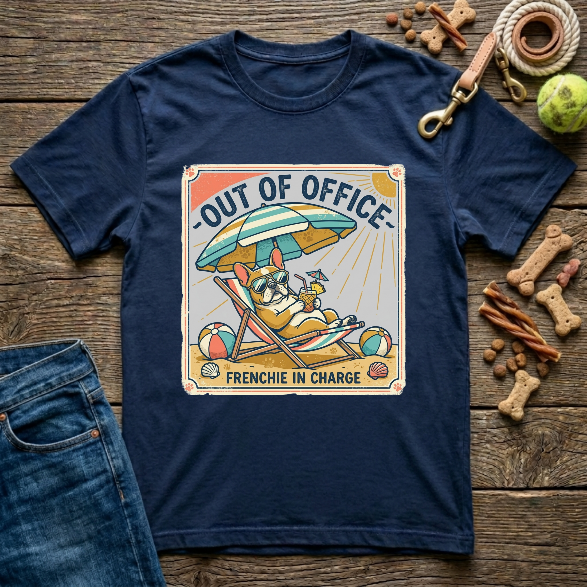 Out of Office Frenchie in Charge French Bulldog graphic tee in navy — Paws & Reflect
