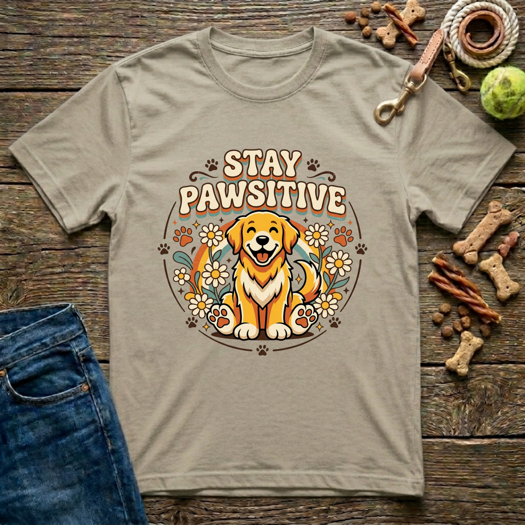 Stay Pawsitive Golden Retriever graphic tee in Sand — Paws & Reflect