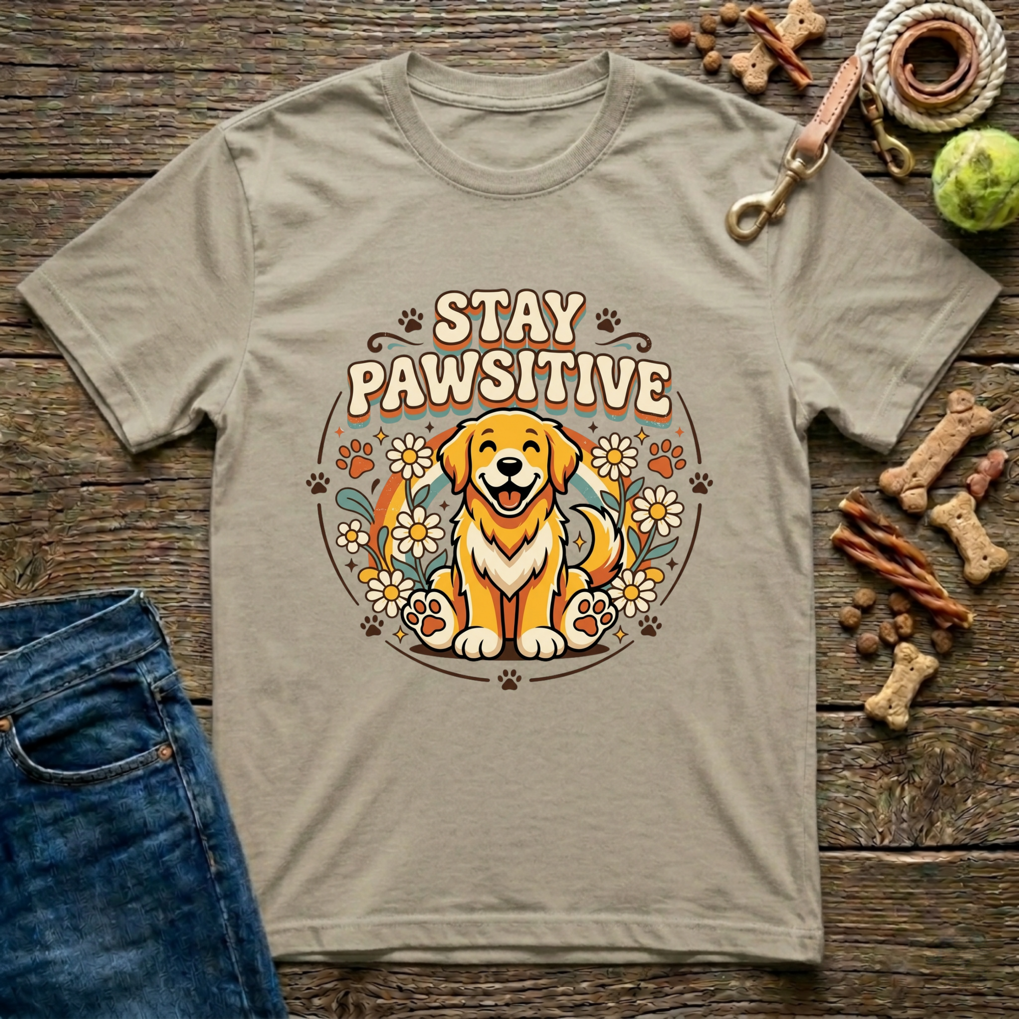 Stay Pawsitive Golden Retriever graphic tee in Sand — Paws & Reflect