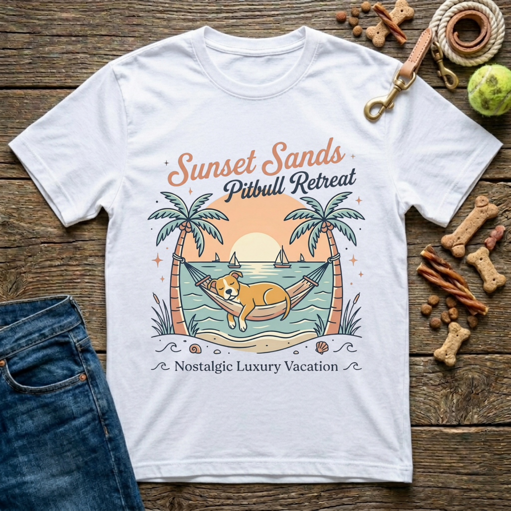 Sunset Sands Pitbull Retreat graphic tee in white — Paws & Reflect