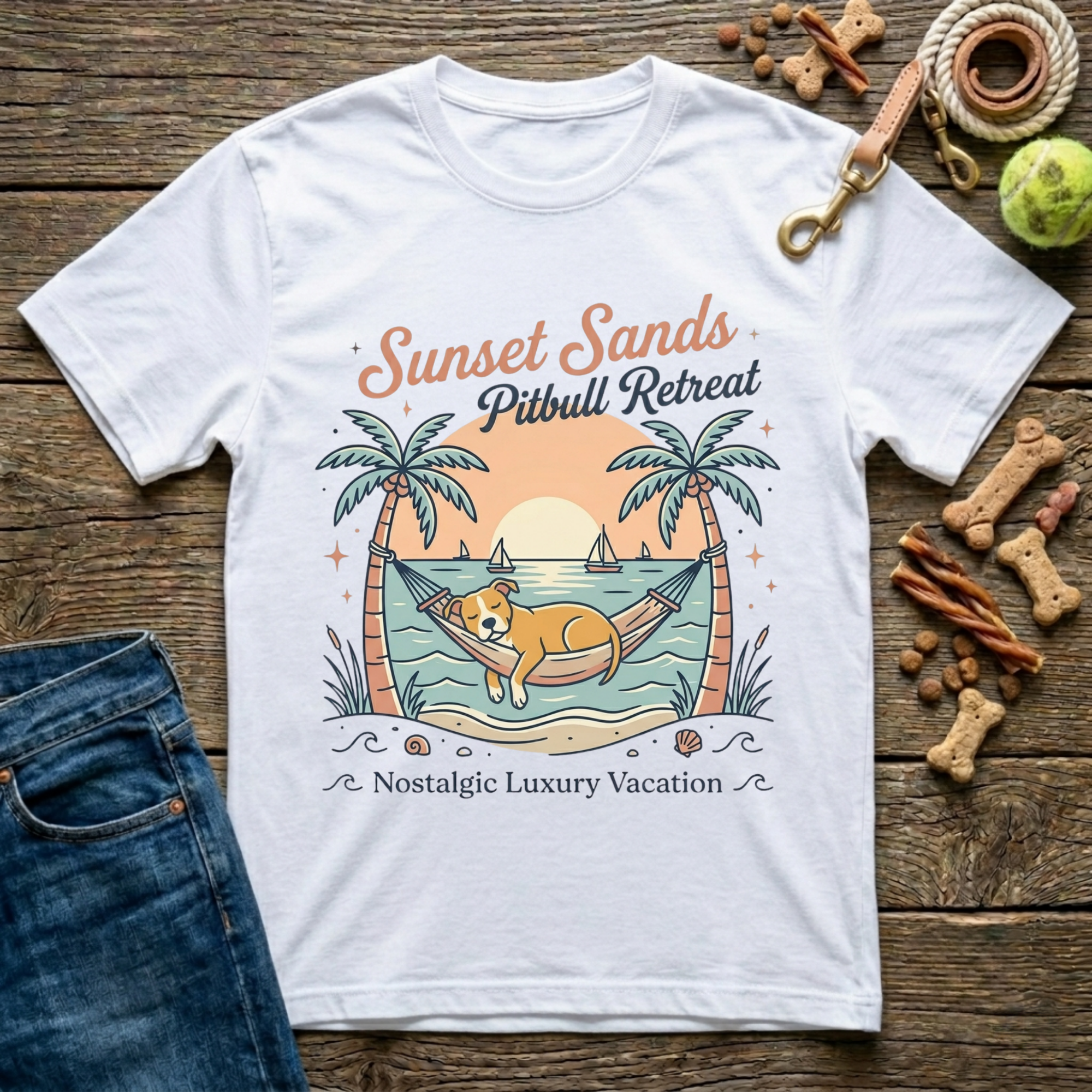 Sunset Sands Pitbull Retreat graphic tee in white — Paws & Reflect