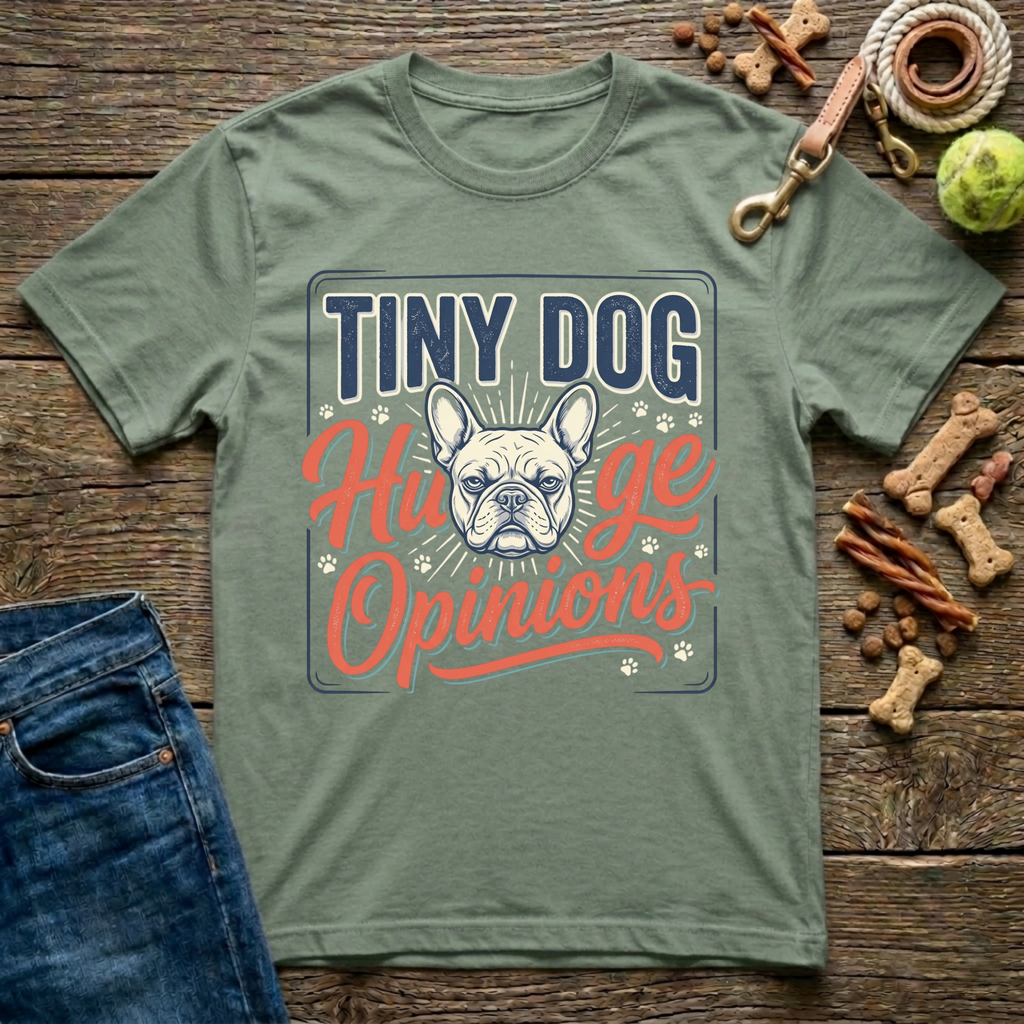Tiny Dog Huge Opinions Frenchie graphic tee in military Green — Paws & Reflect"