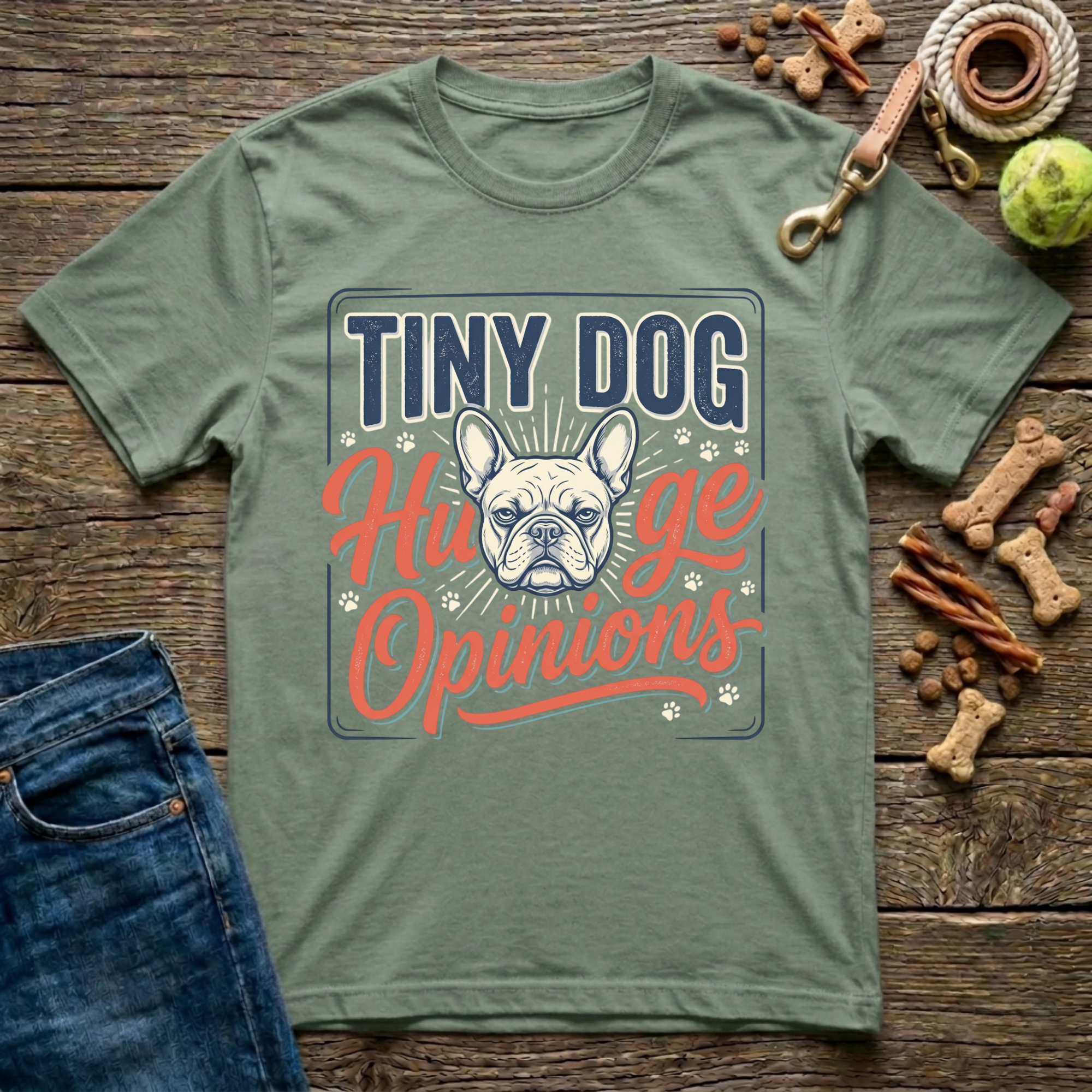 Tiny Dog Huge Opinions Frenchie graphic tee in military Green — Paws & Reflect"