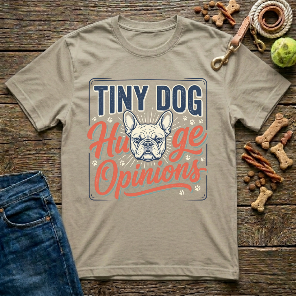 Tiny Dog Huge Opinions Frenchie graphic tee in sand — Paws & Reflect"