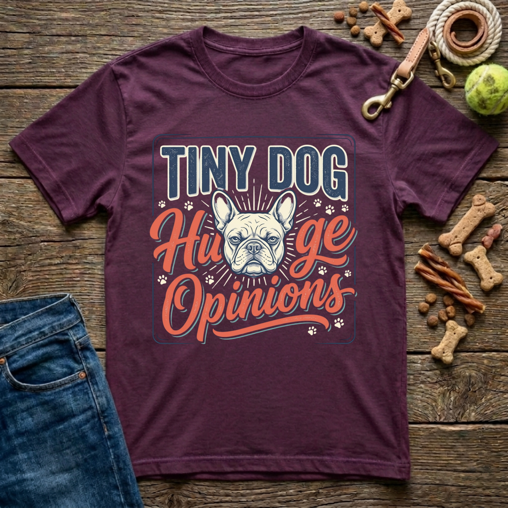 Tiny Dog Huge Opinions Frenchie graphic tee in maroon — Paws & Reflect"