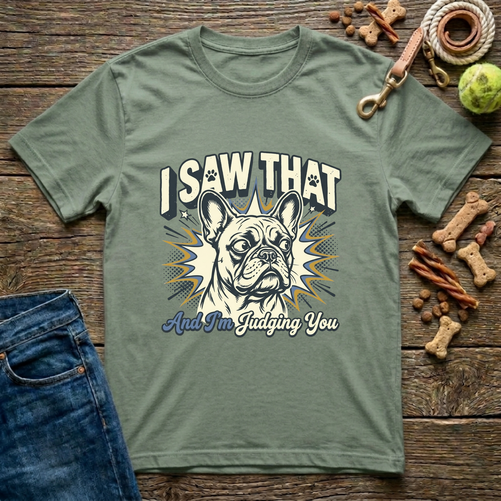 I Saw That And I'm Judging You Frenchie graphic tee in military green — Paws & Reflect