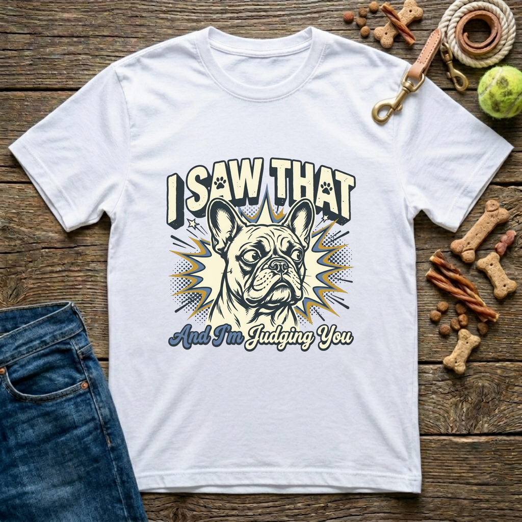 I Saw That And I'm Judging You Frenchie graphic tee in white — Paws & Reflect