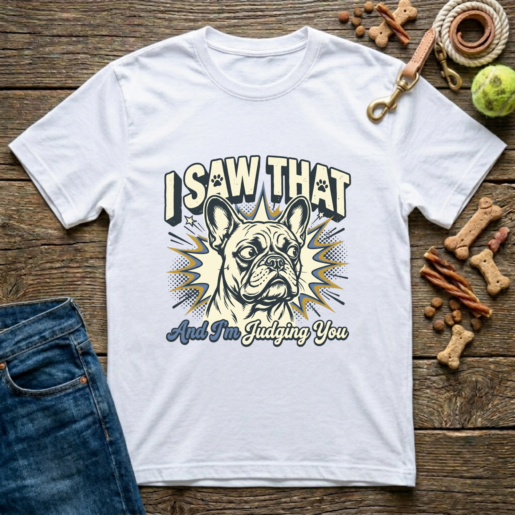 I Saw That And I'm Judging You Frenchie graphic tee in white — Paws & Reflect