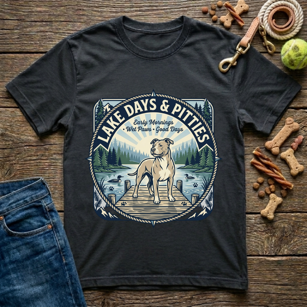 Lake Days and Pitties Early Mornings Wet Paws Good Days Pitbull graphic tee in black — Paws & Reflect