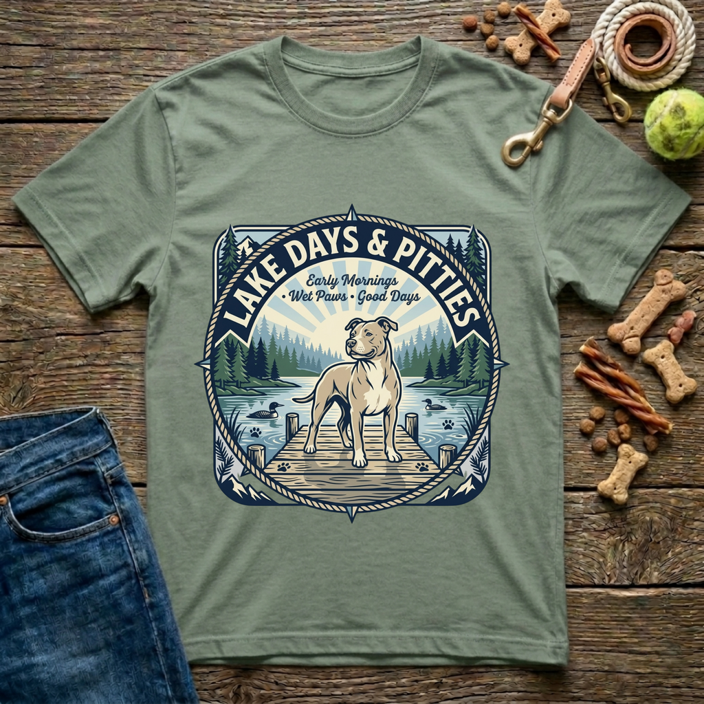 Lake Days and Pitties Early Mornings Wet Paws Good Days Pitbull graphic tee in military green — Paws & Reflect