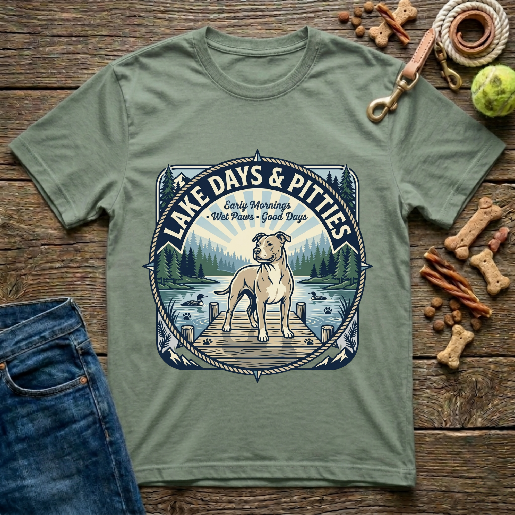 Lake Days and Pitties Early Mornings Wet Paws Good Days Pitbull graphic tee in military green — Paws & Reflect