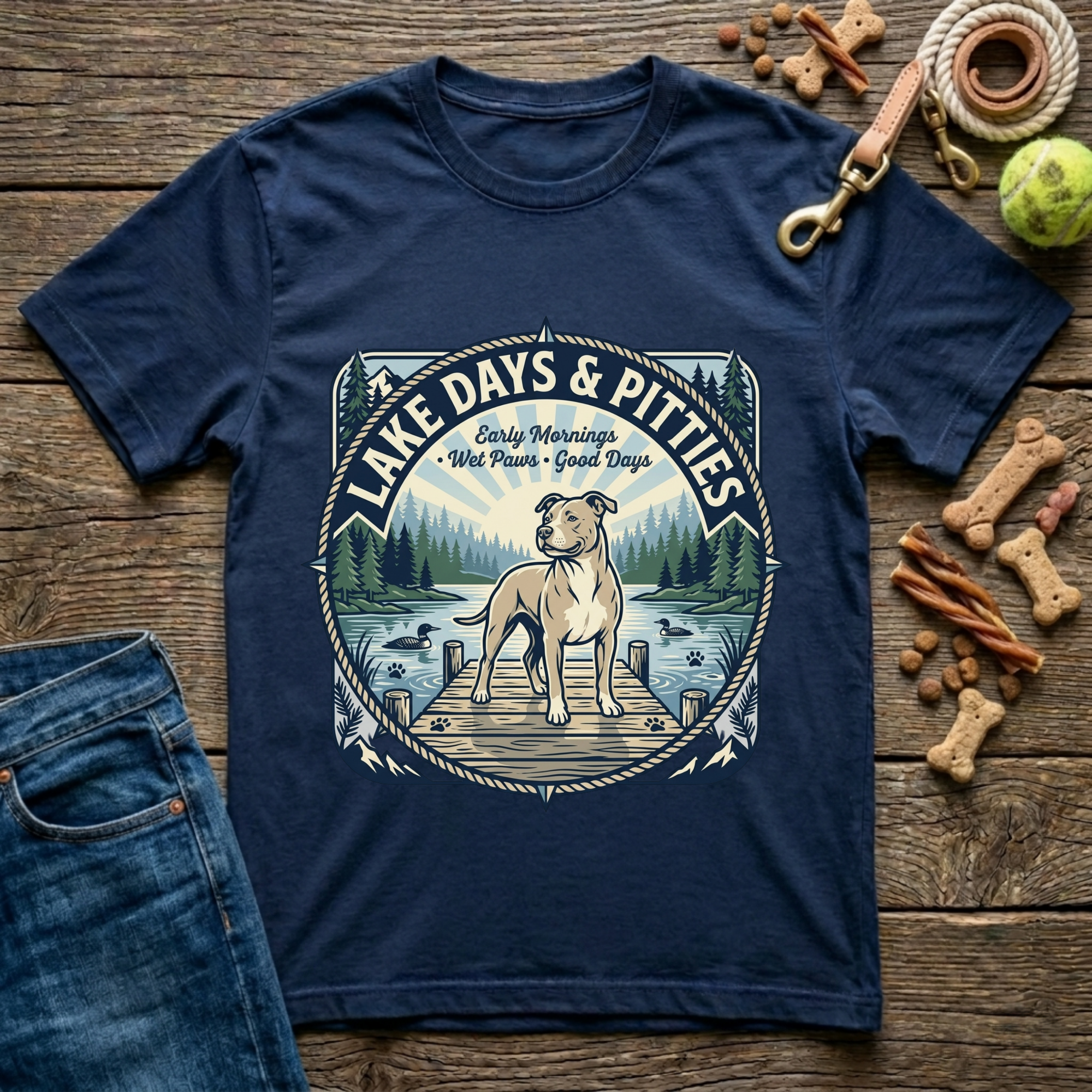 Lake Days and Pitties Early Mornings Wet Paws Good Days Pitbull graphic tee in navy — Paws & Reflect