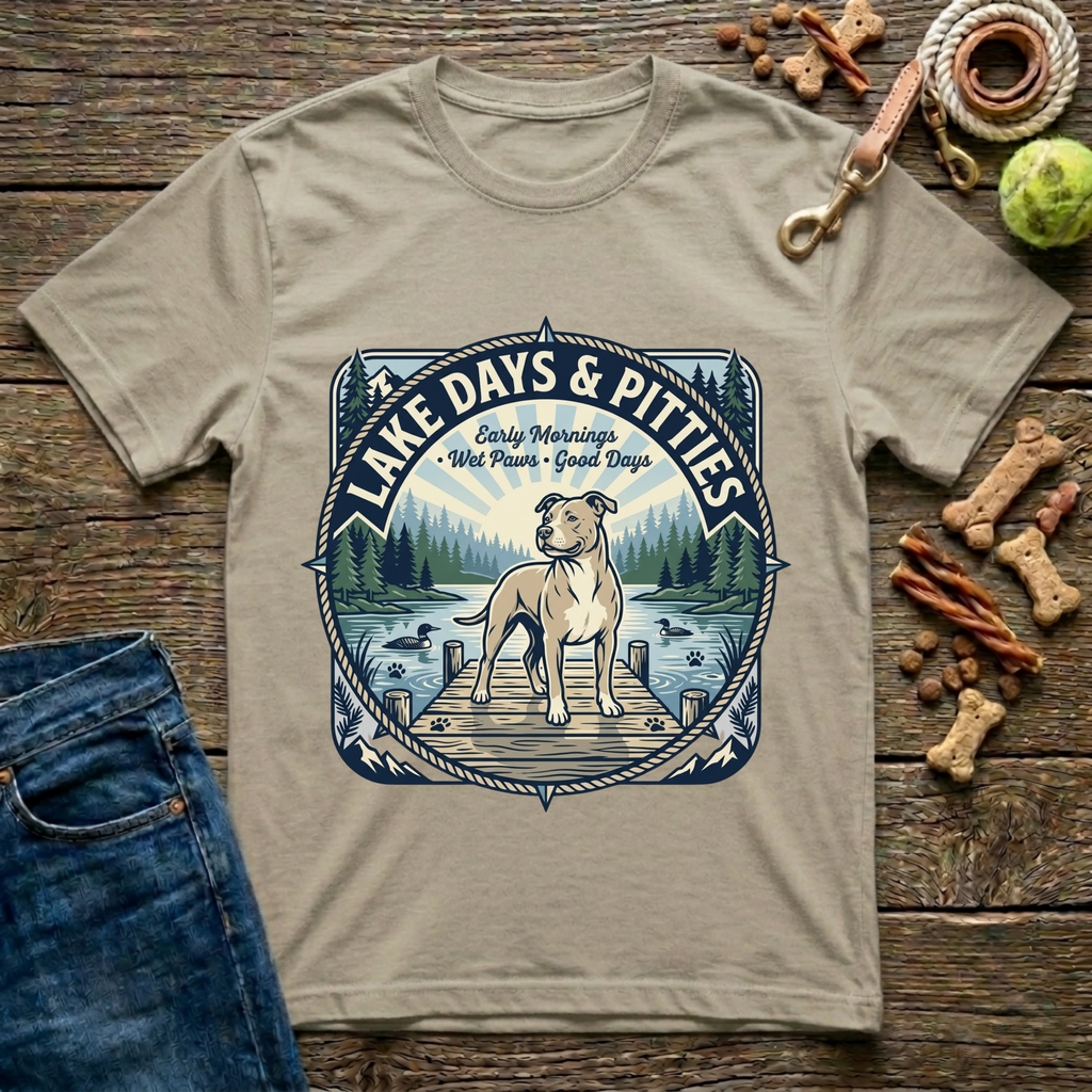 Lake Days and Pitties Early Mornings Wet Paws Good Days Pitbull graphic tee in sand — Paws & Reflect