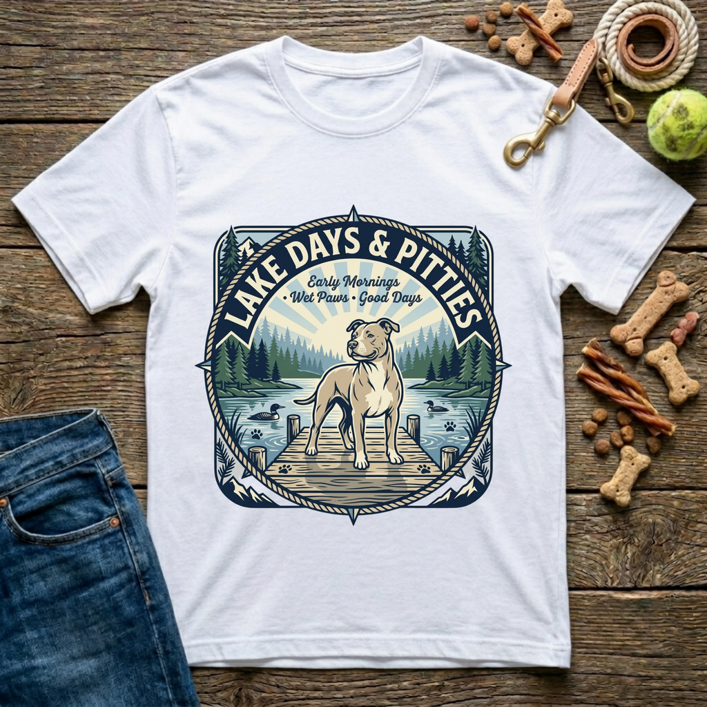 Lake Days and Pitties Early Mornings Wet Paws Good Days Pitbull graphic tee in white — Paws & Reflect