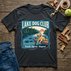 Lake Dog Club Fetch Swim Repeat Golden Retriever graphic tee in black — Paws & Reflect