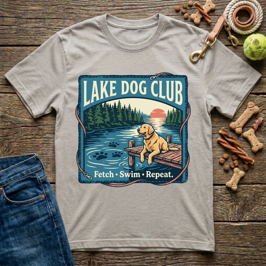 Lake Dog Club Fetch Swim Repeat Golden Retriever graphic tee in ice grey — Paws & Reflect