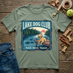 Lake Dog Club Fetch Swim Repeat Golden Retriever graphic tee in military green — Paws & Reflect