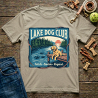 Lake Dog Club Fetch Swim Repeat Golden Retriever graphic tee in sand — Paws & Reflect