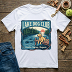 Lake Dog Club Fetch Swim Repeat Golden Retriever graphic tee in white — Paws & Reflect