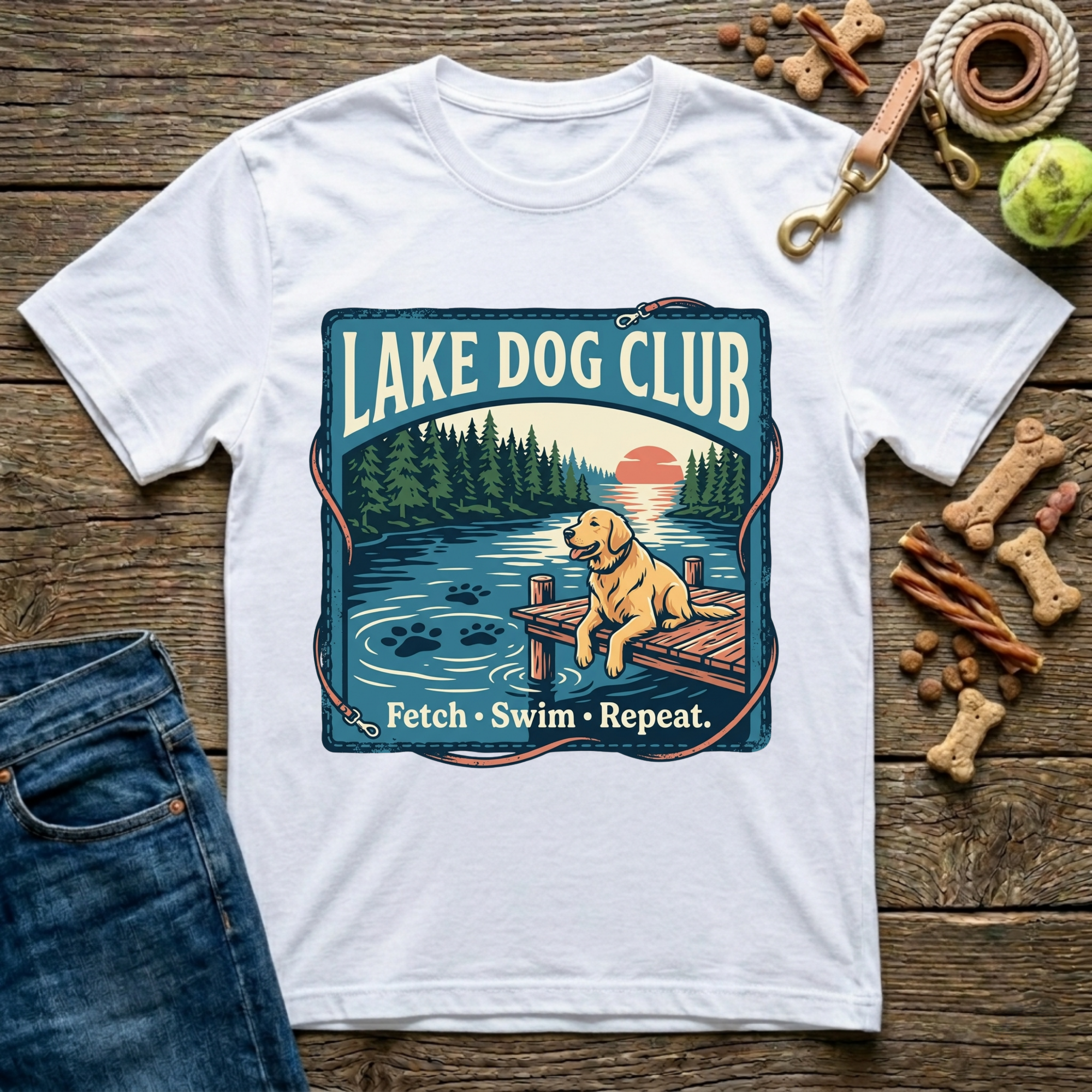 Lake Dog Club Fetch Swim Repeat Golden Retriever graphic tee in white — Paws & Reflect