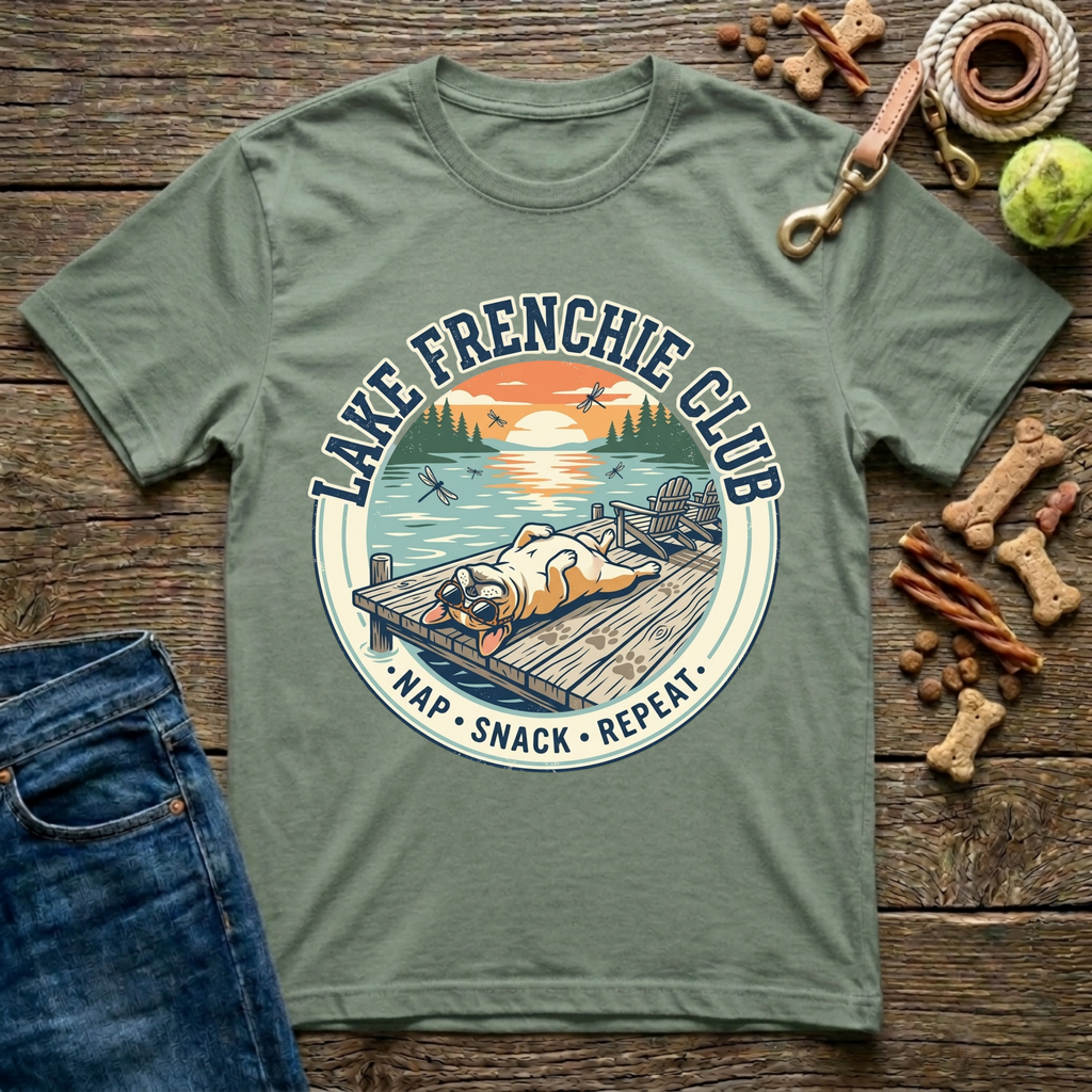 Lake Frenchie Club Nap Snack Repeat French Bulldog graphic tee in military green — Paws & Reflect