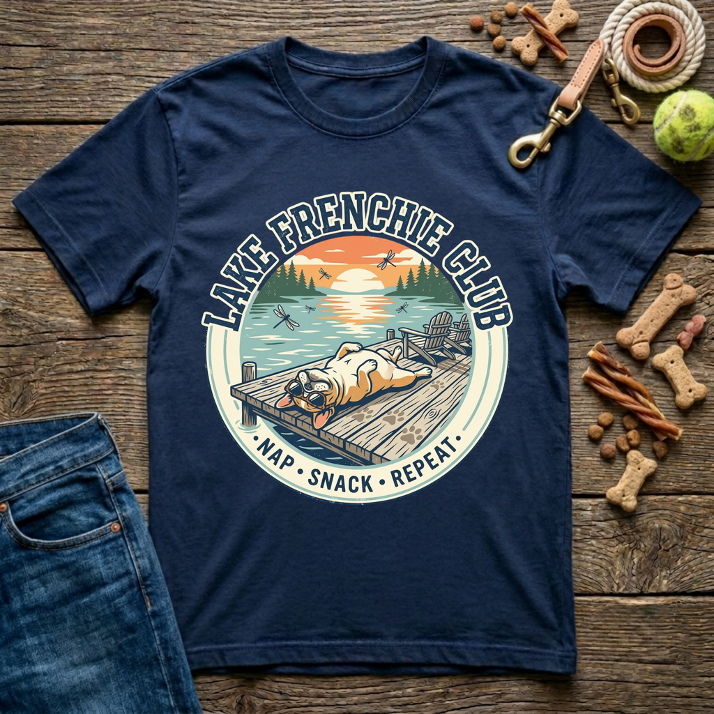 Lake Frenchie Club Nap Snack Repeat French Bulldog graphic tee in navy — Paws & Reflect