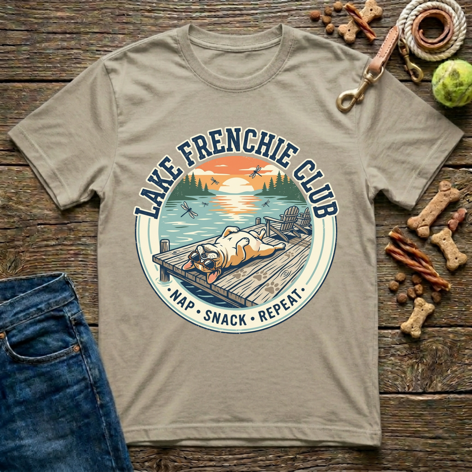 Lake Frenchie Club Nap Snack Repeat French Bulldog graphic tee in sand — Paws & Reflect
