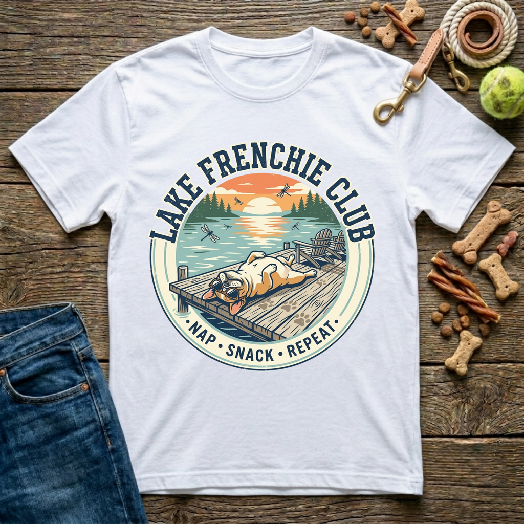 Lake Frenchie Club Nap Snack Repeat French Bulldog graphic tee in white — Paws & Reflect